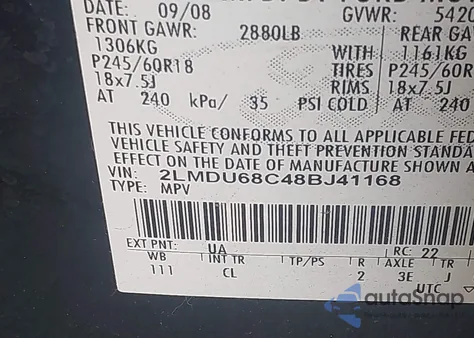 2008 Lincoln Mkx from USA, damaged, VIN 2LMDU68C48BJ41168